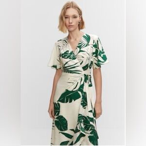 Mango Cream Midi Ruffle Wrap Dress with Green Leaf Print